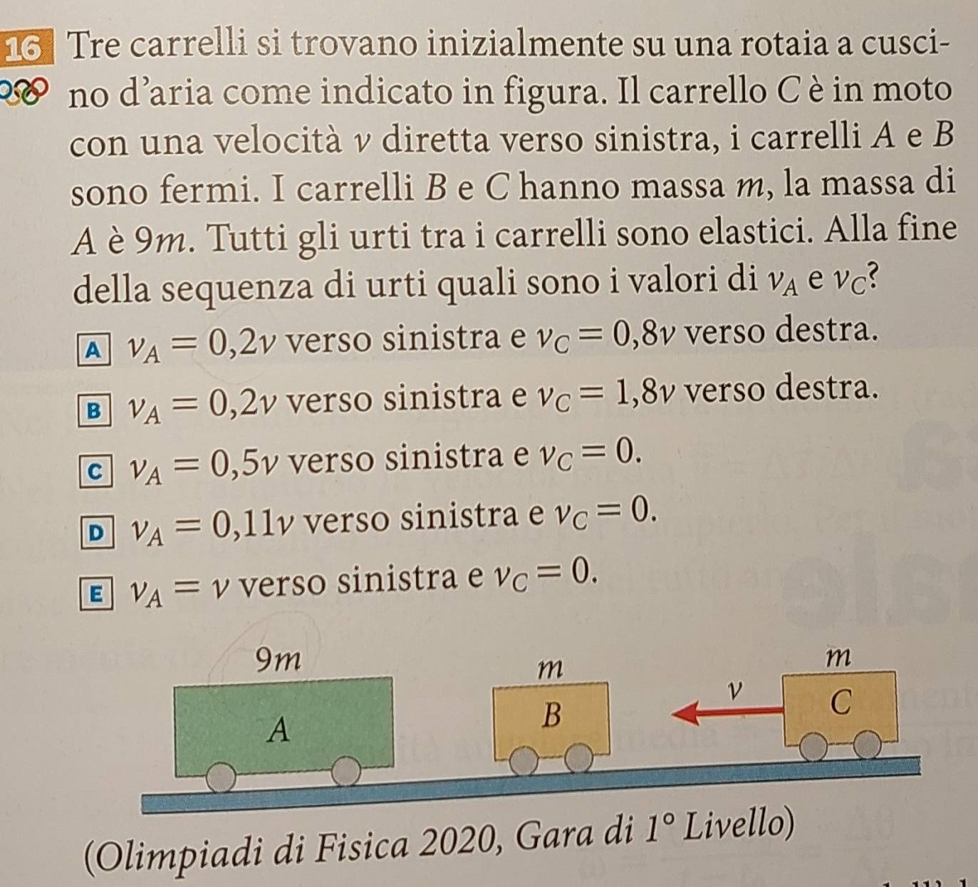 Tre carrelli si trovano inizialmente su una rotaia a cusci-
2 no d'aria come indicato in figura. Il carrello C è in moto
con una velocità v diretta verso sinistra, i carrelli A e B
sono fermi. I carrelli B e C hanno massa m, la massa di
A è 9m. Tutti gli urti tra i carrelli sono elastici. Alla fine
della sequenza di urti quali sono i valori di v_A e nu _C (
A v_A=0,2v verso sinistra e v_C=0,8v verso destra.
B v_A=0,2v verso sinistra e v_C=1,8v verso destra.
C v_A=0,5v verso sinistra e nu _C=0.
D v_A=0,11v verso sinistra e nu _C=0.
E v_A=v verso sinistra e nu _C=0. 
(Olimpiadi di Fisica 2020, Gara di 1° Livello)