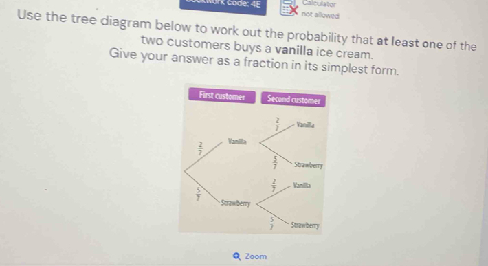 Calculator
work code: 4E not allowed
Use the tree diagram below to work out the probability that at least one of the
two customers buys a vanilla ice cream.
Give your answer as a fraction in its simplest form.
Zoom