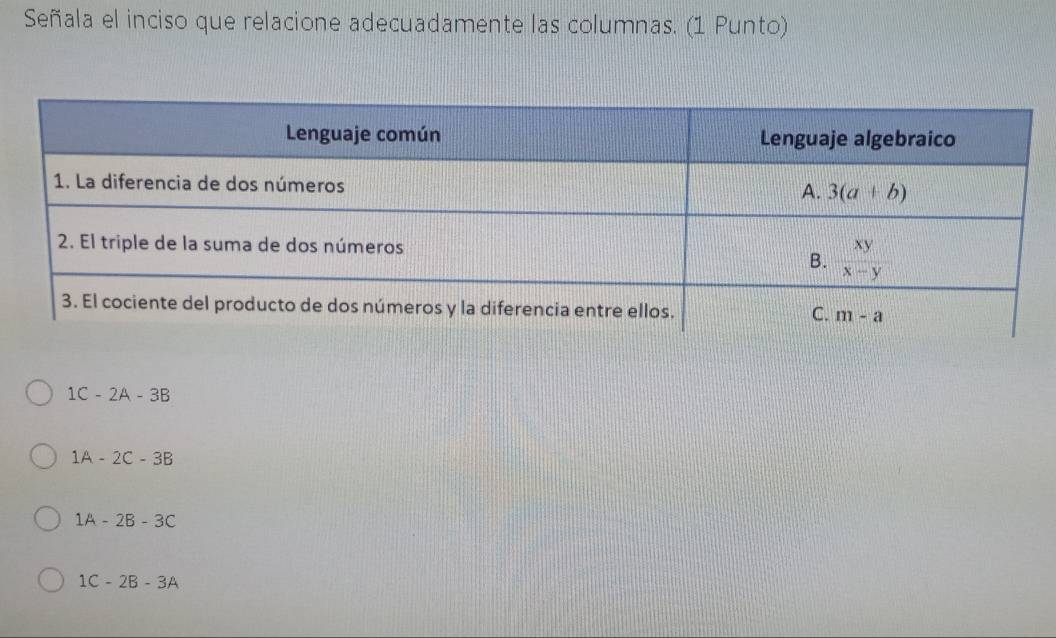 Señala el inciso que relacione adecuadamente las columnas. (1 Punto)
1C-2A-3B
1A-2C-3B
1A-2B-3C
1C-2B-3A