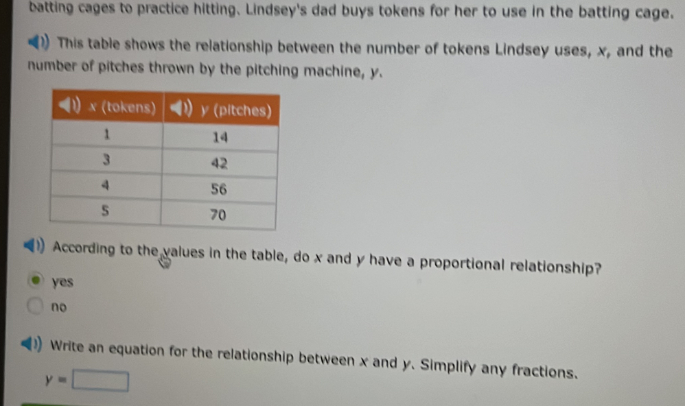 batting cages to practice hitting. Lindsey's dad buys tokens for her to use in the batting cage.
This table shows the relationship between the number of tokens Lindsey uses, x, and the
number of pitches thrown by the pitching machine, y.
According to the values in the table, do x and y have a proportional relationship?
yes
no
Write an equation for the relationship between x and y. Simplify any fractions.
y=□