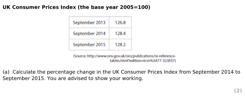 UK Consumer Prices Index (the base year 2005=100)
(Source: http://www.ons.gov.uk/ons/publications/re-reference- 
tables.html?edition=tcm%3A77-323657) 
(a) Calculate the percentage change in the UK Consumer Prices Index from September 2014 to 
September 2015. You are advised to show your working. 
(2)