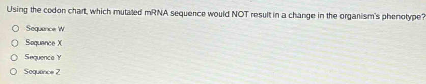 Using the codon chart, which mutated mRNA sequence would NOT result in a change in the organism's phenotype?
Sequence W
Sequence X
Sequence Y
Sequence Z