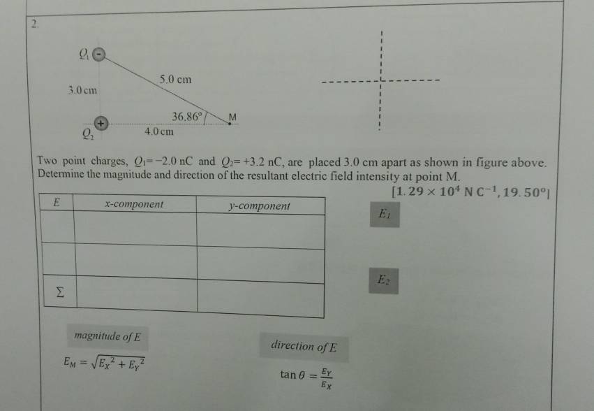 Two point charges, Q_1=-2.0nC and Q_2=+3.2nC , are placed 3.0 cm apart as shown in figure above.
Determine the magnitude and direction of the resultant electric field intensity at point M.
[1.29* 10^4NC^(-1),19.50°]
E_1
E_2
magnitude of E direction of E
E_M=sqrt (E_X)^2+E_Y^2
tan θ =frac E_YE_X