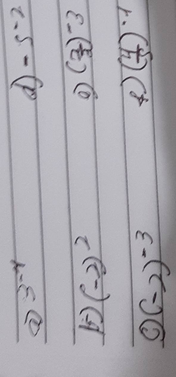 3^(-y)
d -5^(-2)
(-2)^2
( 2/2 )^-3
(-2)^-3
④ ( 4/5 )^-1