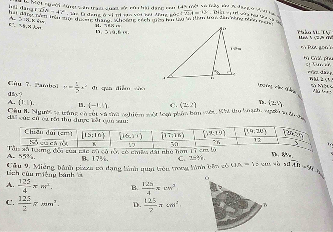 Một người đứng trên trạm quan sát của hải đăng cao 1
thấy tàu A đang ở vị trí tạo v
hài đǎng widehat CDB=47° tàu B đang ở vị trí tạo với hải đăng góc widehat CDA=73° Biết vị trí của hai tàu và ch
hải đăng nằm trên một đường thắng. Khoảng cách giữa hai tàu là (làm tròn đến hàng phần mười)
A. 318,8 km
C. 38,8 km.
B. 388 m.
D. 318.8 m. Phần II: TU
Bài 1( 2,5 a i
a) Rút gọn b
b) Giải phư
c) Tìm tất
mãn đằng
Bài 2 (1,
Câu 7. Parabol y= 1/2 x^2 đi qua điểm nào
a) Một c
trong các điểm dài bao
đây?
A. (1;1). (2;1).
B. (-1;1). C. (2;2).
D.
Câu 8. Người ta trồng cà rốt và thử nghiệm một loại phân bón mới. Khi thu hoạch, người ta đo chi
dài các củ cà rốt thu được kết quả sau:
D. 8%.

A. 55%. B. 17%. C. 25%.
Câu 9. Miếng bánh pizza có dạng hình quạt tròn trong hình bên có OA=15cm và sã widehat AB=50°
tích của miếng bánh là
A.  125/4 π m^2.  125/4 π cm^2.
B.
C.  125/2 π mm^2.  125/2 π cm^2.
D.