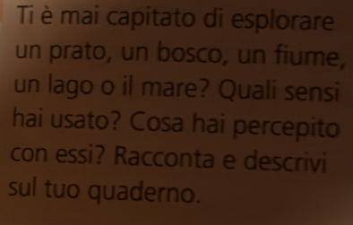 Ti è mai capitato di esplorare 
un prato, un bosco, un fiume, 
un lago o il mare? Quali sensi 
hai usato? Cosa hai percepito 
con essi? Racconta e descrivi 
sul tuo quaderno.