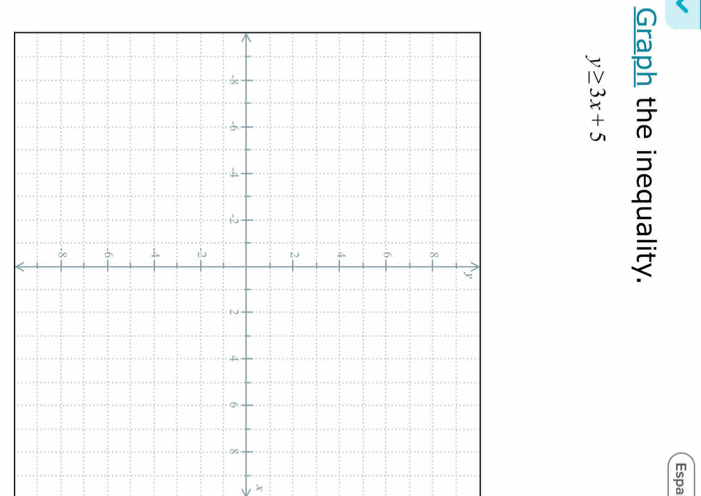 Espa 
Graph the inequality.
y≥ 3x+5
x