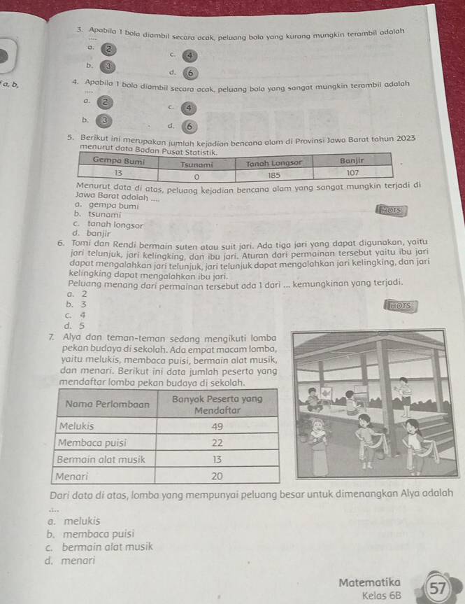 Apabila 1 bola diambil secara acak, peluang bolo yang kurang mungkin terambil adalah
o. 2 c a
b. 3
d. σ
a, b, 4. Apabila 1 bola diambil secara acak, peluang bola yang sangat mungkin terambil adolah
a. 2 C. 4
b. 3 d, 6
5. Berikut ini merupakan jumlah kejadian bencana alam di Provinsi Jawa Barat tahun 2023
menurut 
data di atas, peluang kejadian bencana alam yang sangat mui
Jawa Barat adalah ....
a. gempa bumi
b. tsunami HOIS
c. tanah longsor
d. banjir
6. Tomi dan Rendi bermain suten atau suit jari. Ada tiga jari yang dapat digunakan, yaitu
jari telunjuk, jari kelingking, dan ibu jari. Aturan dari permainan tersebut yaitu ibu jari
dapat mengalahkan jari telunjuk, jari telunjuk dapat mengalahkan jari kelingking, dan jari
kelingking dapat mengalahkan ibu jari.
Peluang menang dari permainan tersebut ada 1 dari ... kemungkinan yang terjadi.
a. 2
b. 3 HOTS
c. 4
d. 5
7. Alya dan teman-teman sedang mengikuti lomba
pekan budaya di sekolah. Ada empat macam lomba,
yaitu melukis, membaca puisi, bermain alat musik,
dan menari. Berikut ini data jumlah peserta yang
mendaftar lomba pekandi sekolah.
Dari data di atas, lomba yang mempunyai peluang besar untuk dimenangkan Alya adalah
a. melukis
b. membaca puisi
c. bermain alat musik
d. menari
Matematika 57
Kelas 6B