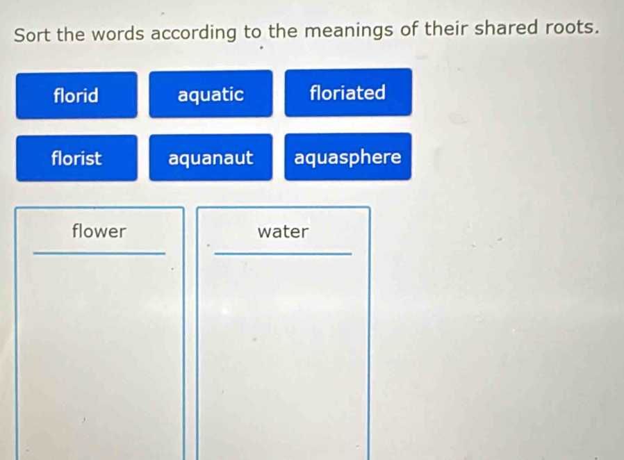 Sort the words according to the meanings of their shared roots.
florid aquatic floriated
florist aquanaut aquasphere
flower water