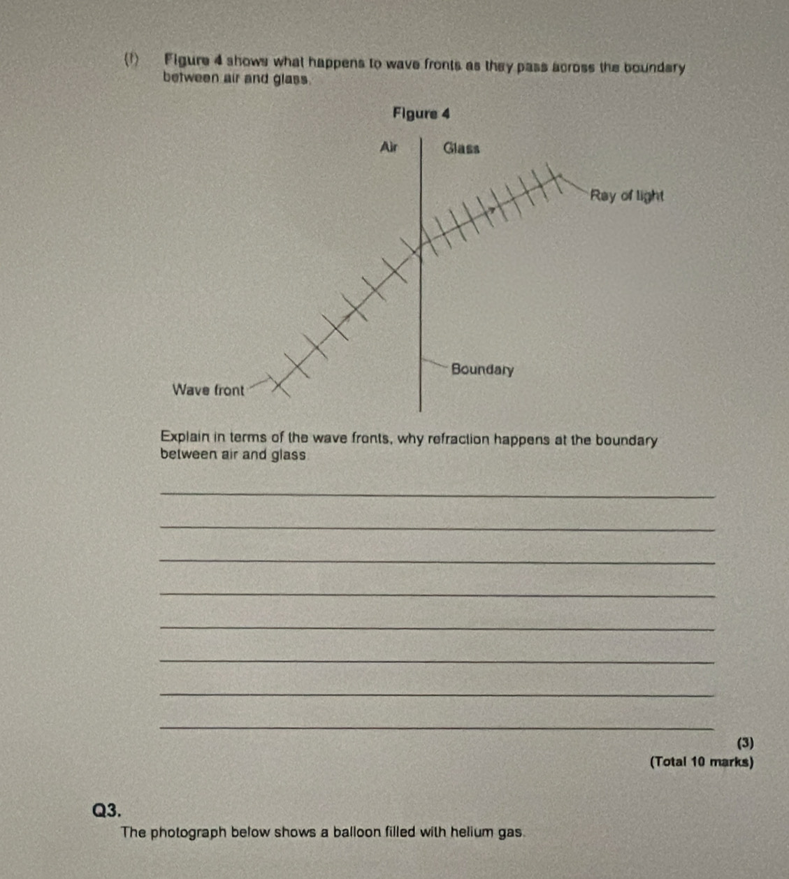 (1) Figure 4 shows what happens to wave fronts as they pass across the boundary 
between air and glass. 
Explain in terms of the wave fronts, why refraction happens at the boundary 
between air and glass 
_ 
_ 
_ 
_ 
_ 
_ 
_ 
_ 
(3) 
(Total 10 marks) 
Q3. 
The photograph below shows a balloon filled with helium gas.