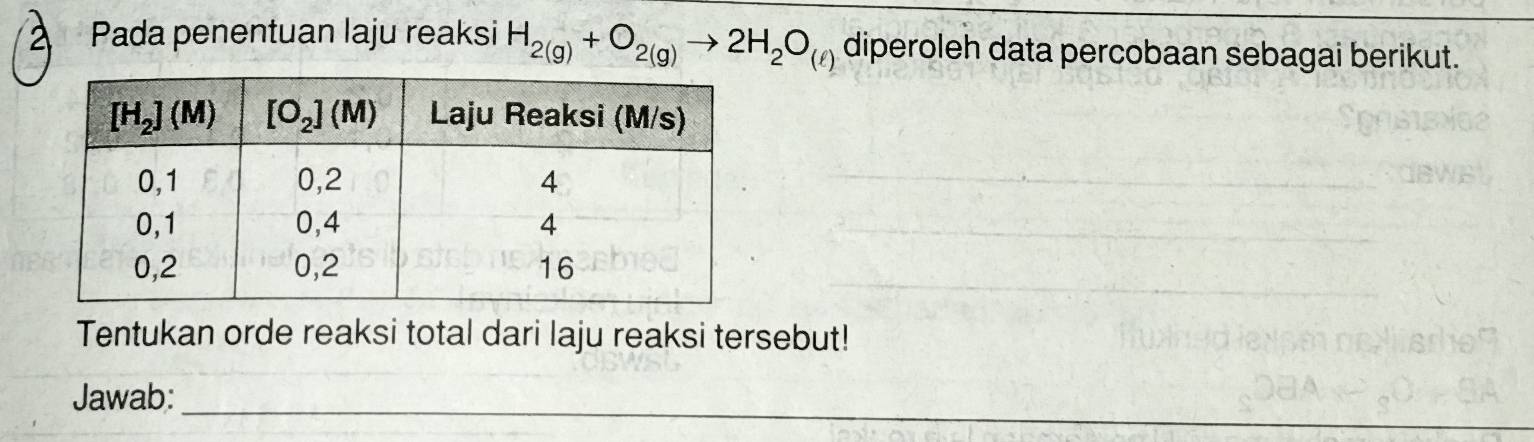 a Pada penentuan laju reaksi H_2(g)+O_2(g)to 2H_2O_(ell ) diperoleh data percobaan sebagai berikut.
Tentukan orde reaksi total dari laju reaksi tersebut!
_
Jawab: