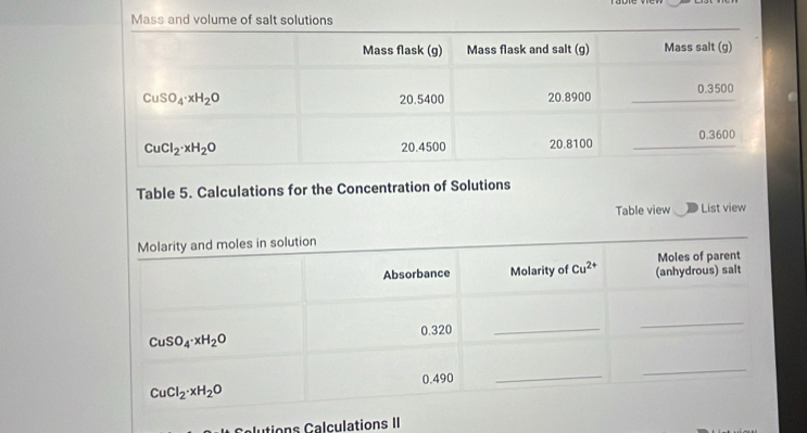 Mass and volume of salt solutions
Table 5. Calculations for the Concentration of Solutions
Table view List view
elutions Calculations II