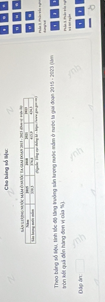 Cho bảng số liệu: 10 "
13 14 15
SẢN LƯƠNG NƯỚC MÂM Ở NƯỚC TA GIAI ĐOAN 2015 - 2023 (Đơn vị: triệu lit)
17 18
Phần 2, Phần trắc nghi 
dùng/saì 
Theo bảng số liệu, tính tốc độ tăng trưởng sản lượng nước mắm ở nước ta giai đoạn 2015 - 2023 (làm 1 2 3
tròn kết quả đến hàng đơn vị của %). 
Phần 3. Phản trắc ngh 
trá lời ngắn 
Đáp án: 
1 2