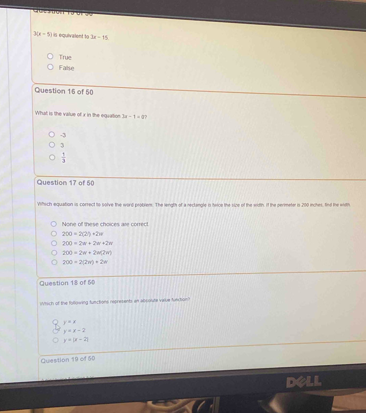 Solved: 3(x-5) is equivalent to 3x-15 True False Question 16 of 50 What ...