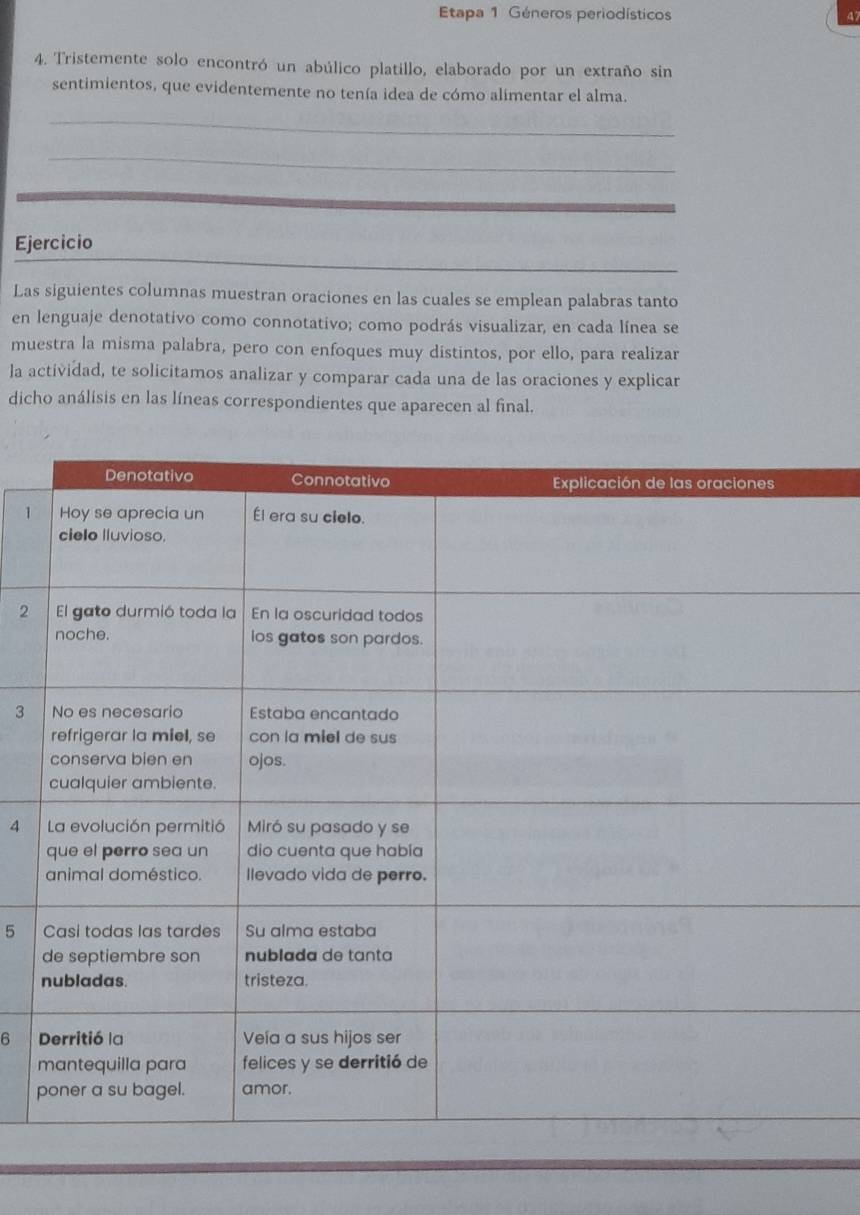 Etapa 1 Géneros periodísticos a7 
4. Tristemente solo encontró un abúlico platillo, elaborado por un extraño sin 
sentimientos, que evidentemente no tenía idea de cómo alimentar el alma. 
_ 
_ 
Ejercicio 
Las siguientes columnas muestran oraciones en las cuales se emplean palabras tanto 
en lenguaje denotativo como connotativo; como podrás visualizar, en cada línea se 
muestra la misma palabra, pero con enfoques muy distintos, por ello, para realizar 
la actividad, te solicitamos analizar y comparar cada una de las oraciones y explicar 
dicho análisis en las líneas correspondientes que aparecen al final. 
1 
2 
3 
4 
5 
6