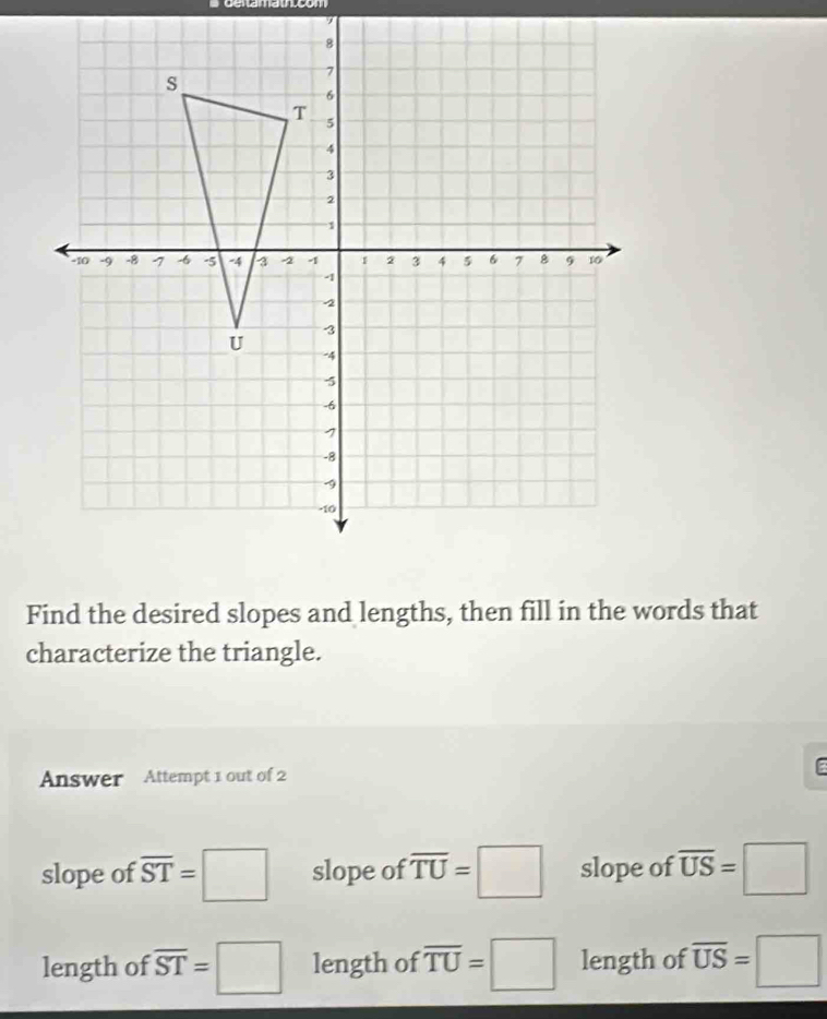 Find the desired slopes and lengths, then fill in the words that
characterize the triangle.
Answer Attempt 1 out of 2
slope of overline ST=□ slope of overline TU=□ slope of overline US=□
length of overline ST=□ length of overline TU=□ length of overline US=□