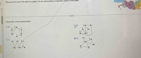 Represent the map to the right as a graph. Use the abbreviations to label the vertices of the graph
A
N
,J
Choose the correct answer below.
D.
C.