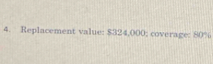 Replacement value: $324,000; coverage: 80%