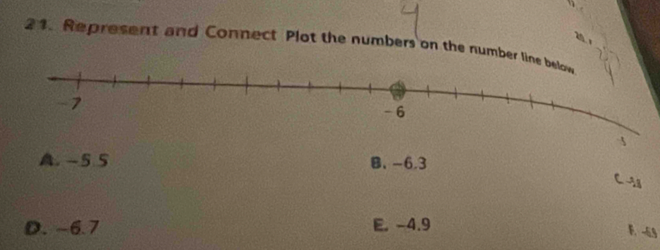 Represent and Connect Plot the numbers on the number lin
A. -5 5 B、 -6.3
C. -38
D. -6.7 E. -4.9
F. -6.9