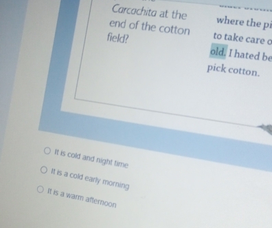 Carcachita at the where the pi
end of the cotton to take care o
field? old. I hated be
pick cotton.
It is cold and night time
It is a cold early morning
It is a warm afternoon