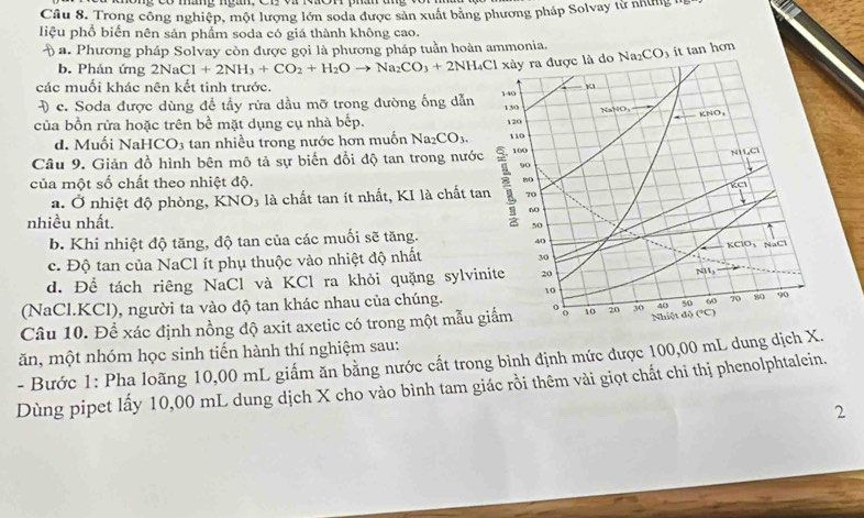 Trong công nghiệp, một lượng lớn soda được sản xuất bằng phương pháp Solvay từ những
liệu phổ biến nên sản phẩm soda có giá thành không cao.
H  a. Phương pháp Solvay còn được gọi là phương pháp tuần hoàn ammonia. Na_2CO it tan hơn
b. Phản ứng 2NaCl+2NH_3+CO_2+H_2Oto Na_2CO_3+2NH_4Cl
các muối khác nên kết tinh trước.
c. Soda được dùng đề tầy rửa dầu mỡ trong đường ống dẫn
của bồn rửa hoặc trên bề mặt dụng cụ nhà bếp.
d. Muối NaH CO_3 3 tan nhiều trong nước hơn muốn Na_2CO_3.
Câu 9. Giản đồ hình bên mô tả sự biến đổi độ tan trong nướ
của một số chất theo nhiệt độ.
a. Ở nhiệt độ phòng, KNO_3 à là chất tan ít nhất, KI là chất t
nhiều nhất.
b. Khi nhiệt độ tăng, độ tan của các muối sẽ tăng.
c. Độ tan của NaCl ít phụ thuộc vào nhiệt độ nhất
d. Để tách riêng NaCl và KCl ra khỏi quặng sylvi
(NaCl.KCl), người ta vào độ tan khác nhau của chúng.
Câu 10. Đề xác định nồng độ axit axetic có trong một mẫu 
ăn, một nhóm học sinh tiến hành thí nghiệm sau:
- Bước 1: Pha loãng 10,00 mL giấm ăn bằng nước cất trong bình định mức được 100,00 mL dung dịch X.
Dùng pipet lấy 10,00 mL dung dịch X cho vào bình tam giác rồi thêm vài giọt chất chỉ thị phenolphtalein.
2