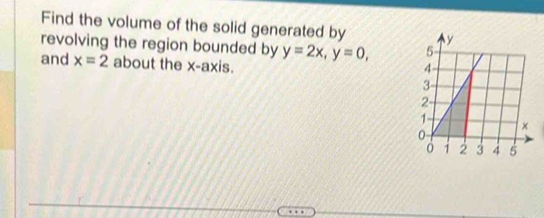 Find the volume of the solid generated by 
revolving the region bounded by y=2x, y=0, 
and x=2 about the x-axis.