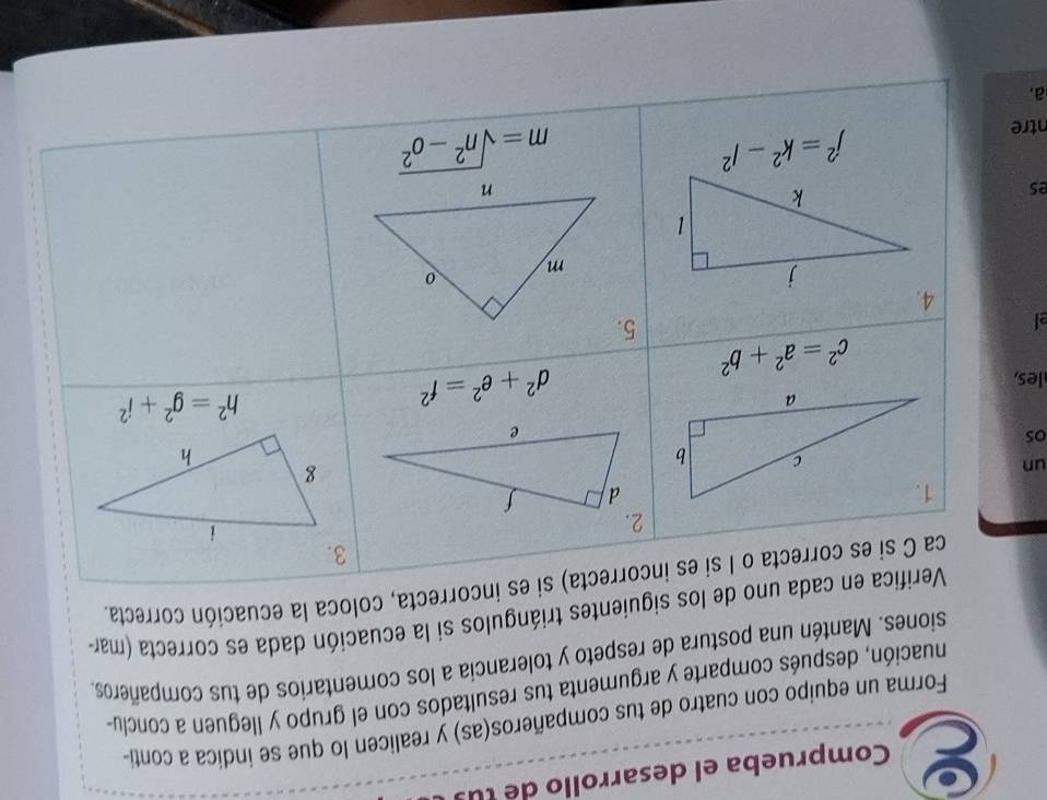 Comprueba el desarrollo de tu
Forma un equipo con cuatro de tus compañeros(as) y realicen lo que se indica a contí-
nuación, después comparte y argumenta tus resultados con el grupo y lleguen a conclu
siones. Mantén una postura de respeto y tolerancia a los comentarios de tus compañeros.
triángulos si la ecuación dada es correcta (mar-
ión correcta.
un
OS
les
e
es
ntr
a.