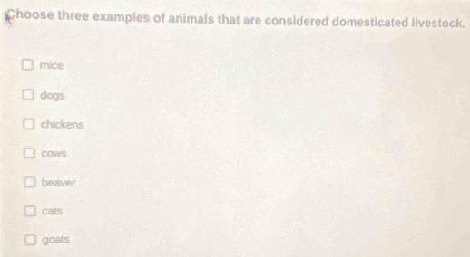 Choose three examples of animals that are considered domesticated livestock.
mice
dogs
chickens
cows
beaver
cats
goats