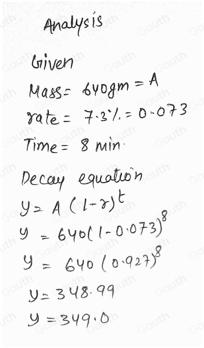 Solved: An element with mass 640 grams decays by 7.3% per minute. How ...