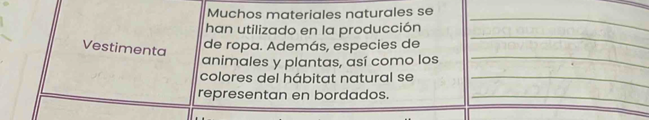 Muchos materiales naturales se 
han utilizado en la producción 
_ 
_ 
Vestimenta 
de ropa. Además, especies de 
_ 
animales y plantas, así como los 
colores del hábitat natural se_ 
representan en bordados._