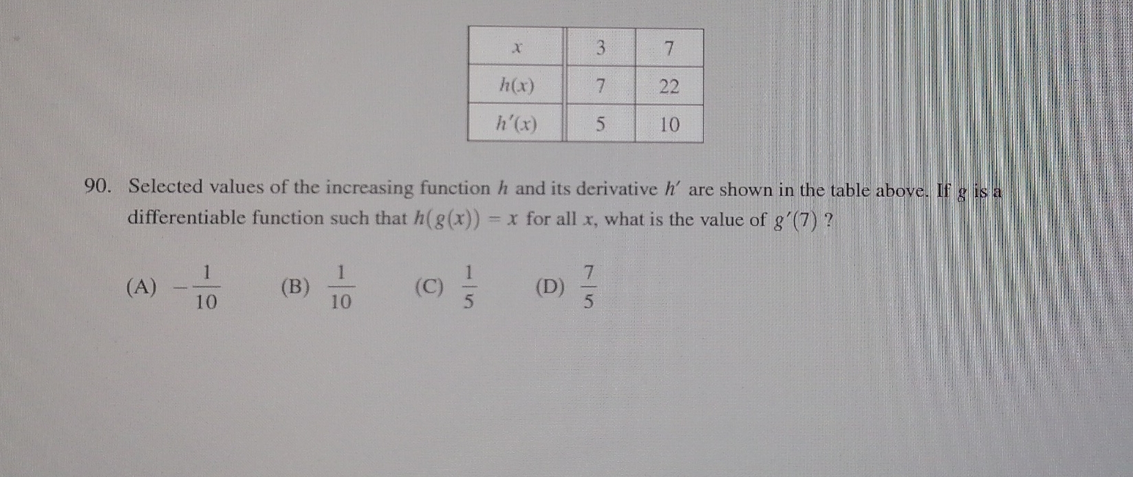 Selected values of the increasing function h and its derivative h' are shown in the table above. If g is a
differentiable function such that h(g(x))=x for all x, what is the value of g'(7) ?
(A) - 1/10  (B)  1/10  (C)  1/5  (D)  7/5 