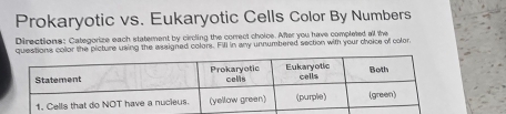 Prokaryotic vs. Eukaryotic Cells Color By Numbers 
Directions: Categorize each statement by circling the correct choice. After you have completed all the 
tions collor the picture using the assigned colors. Fill in any unnumbered section with your choice of color.