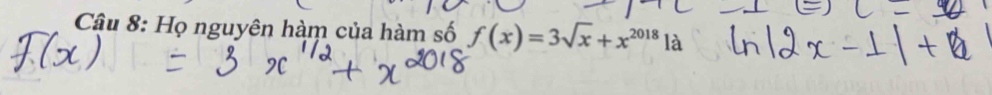 Cậu 8: Họ nguyên hàm của hàm số f(x)=3sqrt(x)+x^(2018) là