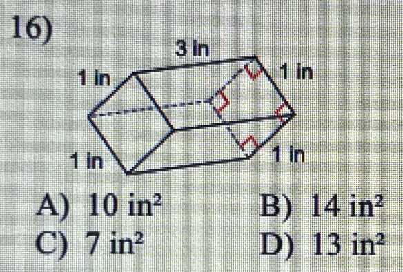 A) 10in^2 B) 14in^2
C) 7in^2 D) 13in^2