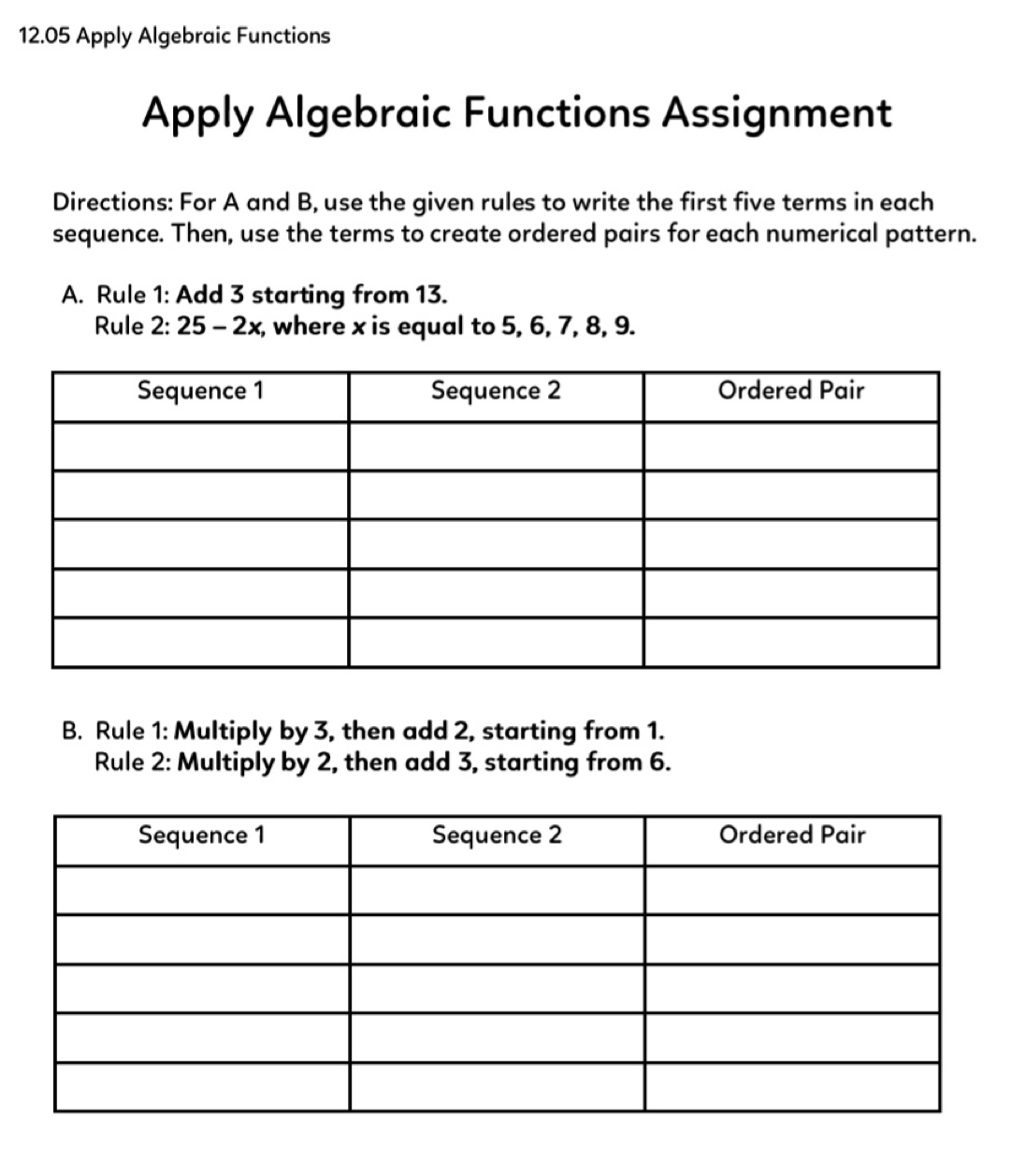 12.05 Apply Algebraic Functions Apply Algebraic Functions Assignment ...