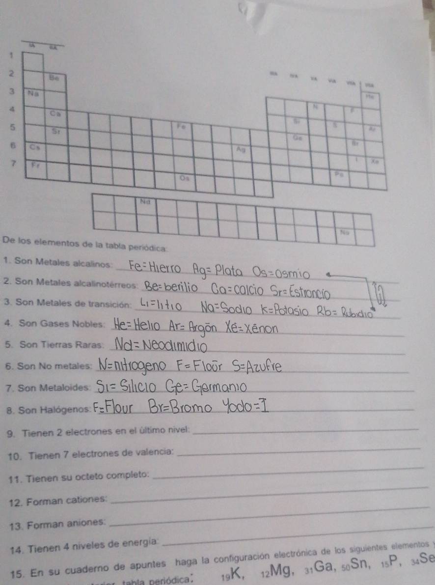 1 
2 Bo 
3 Ns 
y?e 
N 
4 Ca Fo 
8 
5 St 
Ge 
B C 
Ag 
Xo 
7 Fr Os 
Pa 
Na 
Na 
De los elementos de la tabla periódica: 
_ 
1. Son Metales alcalinos 
_ 
2. Son Metales alcalinotérreos: 
_ 
_ 
3. Son Metales de transición: 
_ 
_ 
4. Son Gases Nobles: 
_ 
5. Son Tierras Raras. 
6. Son No metales: 
_ 
7. Son Metaloides_ 
8. Son Halógenos:_ 
9. Tienen 2 electrones en el último nivel:_ 
10. Tienen 7 electrones de valencia: 
_ 
11. Tienen su octeto completo: 
_ 
12. Forman cationes: 
_ 
13. Forman aniones:_ 
_ 
14. Tienen 4 niveles de energía: 
15. En su cuaderno de apuntes haga la configuración electrónica de los siguientes elementos y 
r tohia periódica: 19K ， 12Mg ， 31Ga, s0Sn ， 15P ， 34Se