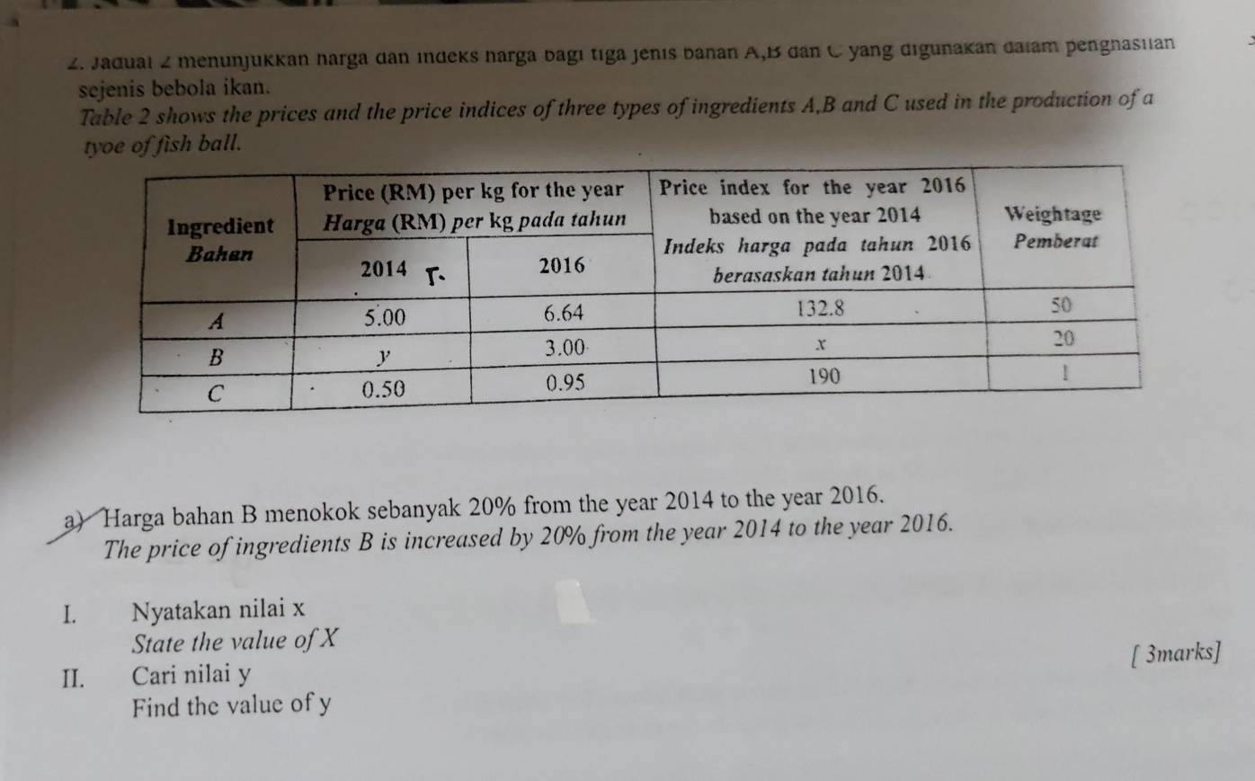 Jadual 2 menunjukkan harga dan indeks harga bagı tiga jenıs banan A, B dan C yang digunakan daiam penghasiian 
sejenis bebola ikan. 
Table 2 shows the prices and the price indices of three types of ingredients A, B and C used in the production of a 
tyoe of fish ball. 
a) Harga bahan B menokok sebanyak 20% from the year 2014 to the year 2016. 
The price of ingredients B is increased by 20% from the year 2014 to the year 2016. 
I. Nyatakan nilai x
State the value of X
II. Cari nilai y [ 3marks] 
Find the value of y