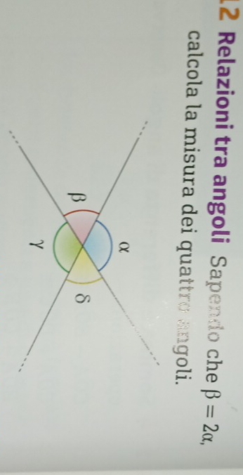 Relazioni tra angoli Sapendo che beta =2alpha , 
calcola la misura dei quattro angoli.