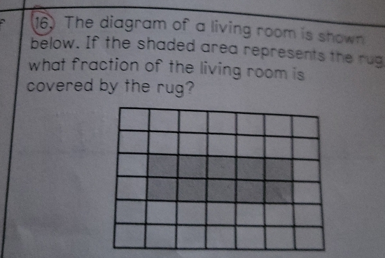 The diagram of a living room is shown 
below. If the shaded area represents the rug 
what fraction of the living room is 
covered by the rug?