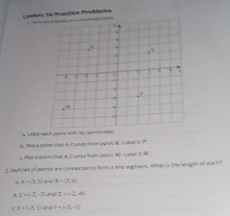 le m 
a. Label each point with its coordinates. 
. Plot a point that is 3 units from point K. Label it P. 
c. Plot a point that is 2 units from point M. Label it 1. 
2. Each set of points are connected to form a line segment. What is the length of each? 
B x=
(8)
x^x v=(-2,-8)
C. x=2
(-2)