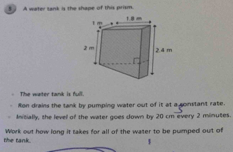 Solved: A water tank is the shape of this prism. The water tank is full ...