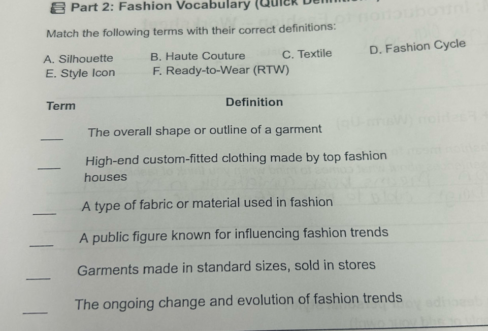 Solved: Fashion Vocabulary (Quick Der Match the following terms with ...