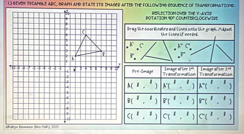 GIVEN TRIANGLE ABC, GRAPH AND STATE ITS IMAGES AFTER THE FOLLOWING SEQUENCE OF TRANSFORMATIONS:
REFLECTION OVER THE Y-AXIS
ROTATION 90° COUNTERCLOCKWISE
Drag the coordinates and lineo onto the graph. Adjuct
the lines if needed.
A' _ C
A''C''
B'
B''