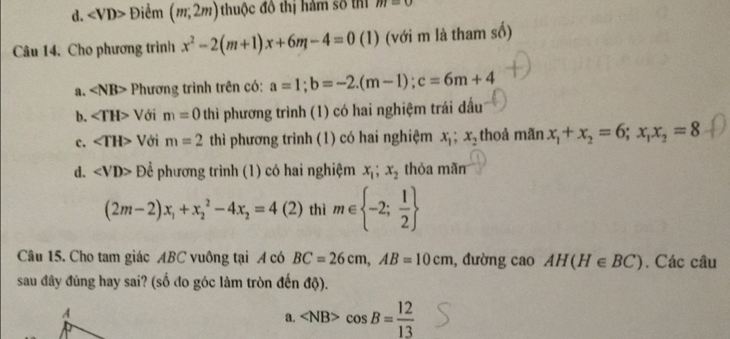 d. ∠ VD> Điểm (m,2m) thuộc đồ thị hàm số thí m=0
Câu 14. Cho phương trình x^2-2(m+1)x+6m-4=0 (1) (với m là tham số)
a. Phương trình trên có: a=1; b=-2.(m-1); c=6m+4
b. ∠ TH> Với m=0 thì phương trình (1) có hai nghiệm trái đầu
c. ∠ TH> Với m=2 thì phương trình (1) có hai nghiệm x_1; x_2 thoả mãn x_1+x_2=6; x_1x_2=8
d. Dhat e phương trình (1) có hai nghiệm x_1; x_2 thỏa mãn
(2m-2)x_1+x_2^(2-4x_2)=4(2) thì m∈  -2; 1/2 
Câu 15. Cho tam giác ABC vuông tại A có BC=26cm, AB=10cm , đường cao AH(H∈ BC). Các câu
sau đây đúng hay sai? (số đo góc làm tròn đến độ).
a. cos B= 12/13 