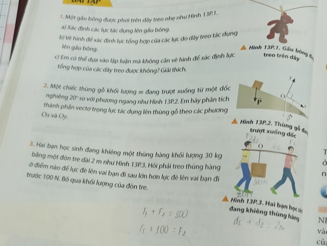 Một gầu bóng được phơi trên dây treo nhẹ như Hình 13P1. 
a) Xác định các lực tác dụng lên gấu bông. 
b) Vẽ hình để xác định lực tổng hợp của các lực do dây treo tác dụng 
lên gầu bông. 
Hình 13P.1. Gấu bông 
c) Em có thể dựa vào lập luận mà không cần vẽ hình để xác định lực treo trên dây C
tổng hợp của các dây treo được không? Giải thích. 
2. Một chiếc thùng gỗ khối lượng m đang trượt xuống từ một đố 
nghiêng 20° *so với phương ngang như Hình 13P2. Em hãy phân tíc 
thành phần vectơ trọng lực tác dụng lên thùng gỗ theo các phương
Ox và Oy. 
13P.2. Thùng g 
3. Hai bạn học sinh đang khiêng một thùng hàng khối lượng 30 kg
T 
bằng một đòn tre dài 2 m như Hình 13P3. Hỏi phải treo thùng hàng 
Ở 
ở điểm nào để lực đè lên vai bạn đi sau lớn hơn lực đè lên vai bạn đi 
n 
trước 100 N. Bỏ qua khối lượng của đòn tre.
13P3. Hai bạn học s 
đang khiêng thùng hàng NI 
và 
củ