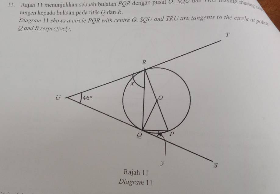 Rajah 11 menunjukkan sebuah bulatan PQR dengan pusat O. SQO dan TO masing-masing i
tangen kepada bulatan pada titik Q dan R.
Diagram 11 shows a circle PQR with centre O. SQU and TRU are tangents to the circle at poin
Q and R res
Rajah 11
Diagram 11