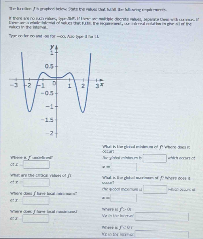 The function f is graphed below. State the values that fulfill the following requirements.
If there are no such values, type DNE. If there are multiple discrete values, separate them with commas. If
there are a whole interval of values that fulfill the requirement, use interval notation to give all of the
values in the interval.
Type oo for ∞ and -oo for —∞. Also type U for U.
What is the global minimum of f? Where does it
occur?
Where is f undefined? the global minimum is □ which occurs at
at x=□
x= □
What are the critical values of f? What is the global maximum of f? Where does it
at x=□ occur?
the global maximum is □ which occurs at
Where does f have local minimums? x=□
at x=□
Where does f have local maximums? Where is f'>0 2
forall x in the interval
at x=□ □
Where is f'<0</tex> ?
Væ in the interval □