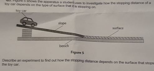 Mgure 5 shows the apparatus a student uses to investigate how the stopping distance of a 
toy car depends on the type of surface that it is stopping on. 
Describe an experiment to find out how the stopping distance depends on the surface that stops 
the toy car.