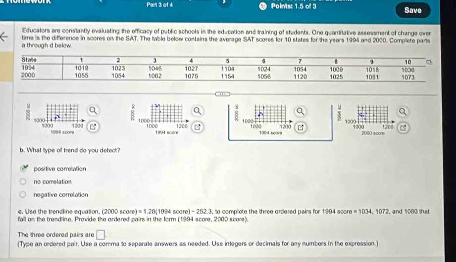 Points: 1.5 of 3 Save
Educators are constantly evaluating the efficacy of public schools in the education and training of students. One quantitative assessment of change over
time is the difference in scores on the SAT. The table below contains the average SAT scores for 10 states for the years 1994 and 2000. Complete parts
a through d below.
, ,
8 1000
x
1000 1200 1000 1000 1200
1994 score 2000 score
b. What type of trend do you detect?
positive correlation
no correlation
negative correlation
c. Use the trendline equation, (2000score)=1.28(1994score)-252.3 3, to complete the three ordered pairs for 1994score=1034,1072 , and 1080 that
fall on the trendline. Provide the ordered pairs in the form (1994 score, 2000 score).
The three ordered pairs are □. 
(Type an ordered pair. Use a comma to separate answers as needed. Use integers or decimals for any numbers in the expression.)