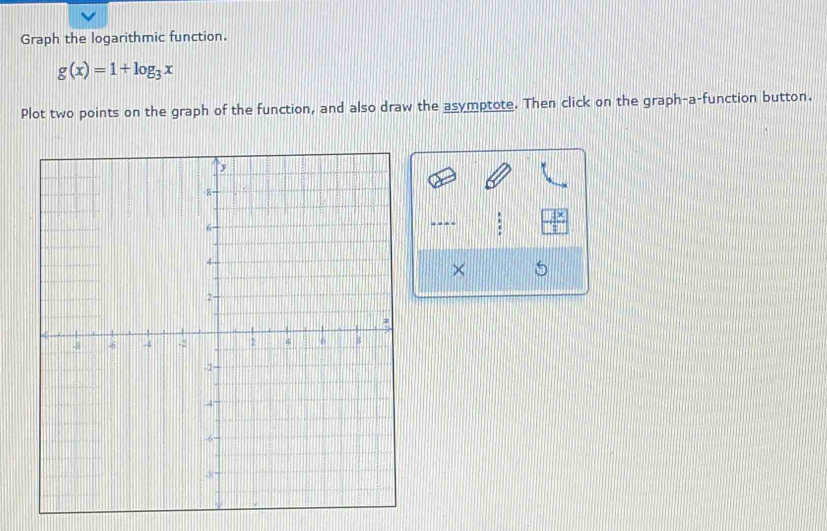 Graph the logarithmic function.
g(x)=1+log _3x
Plot two points on the graph of the function, and also draw the asymptote. Then click on the graph-a-function button. 
---- 
× 5